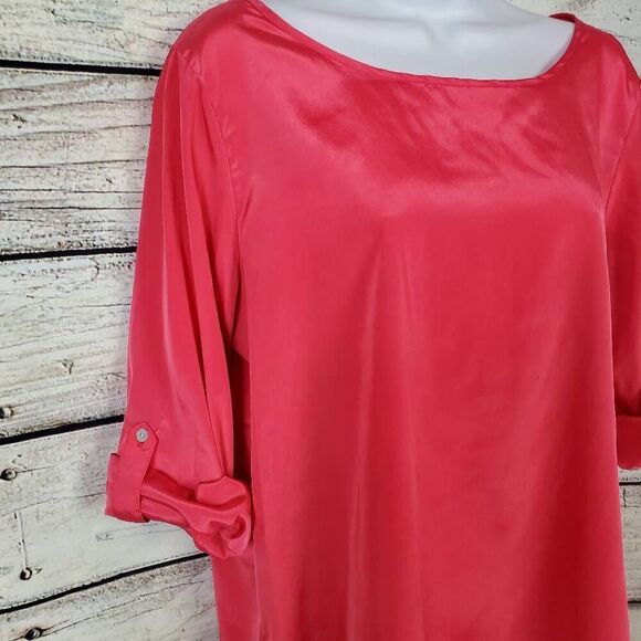 Fun & Flirt Hot Pink Satin Blouse Women’s Large Roll-Tab Sleeve - Picture 2 of 5